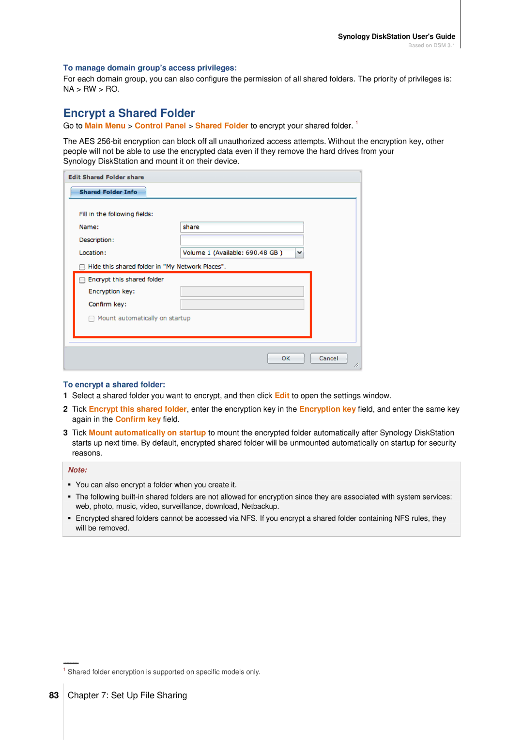 Synology DS411SLIM manual Encrypt a Shared Folder, To manage domain group’s access privileges, To encrypt a shared folder 