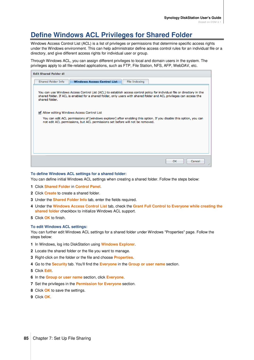 Synology DS411SLIM Define Windows ACL Privileges for Shared Folder, To define Windows ACL settings for a shared folder 