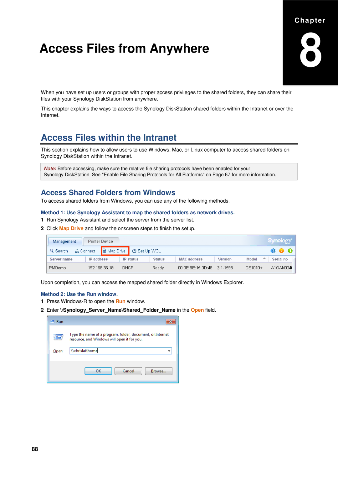 Synology DS411SLIM manual Access Files within the Intranet, Access Shared Folders from Windows, Method 2 Use the Run window 