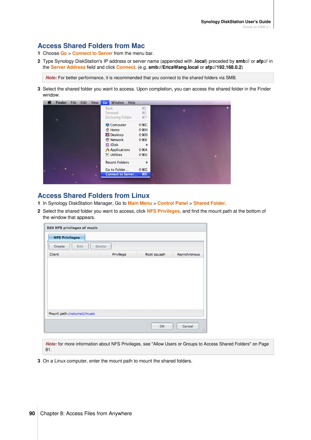 Synology DS411SLIM manual Access Shared Folders from Mac, Access Shared Folders from Linux 