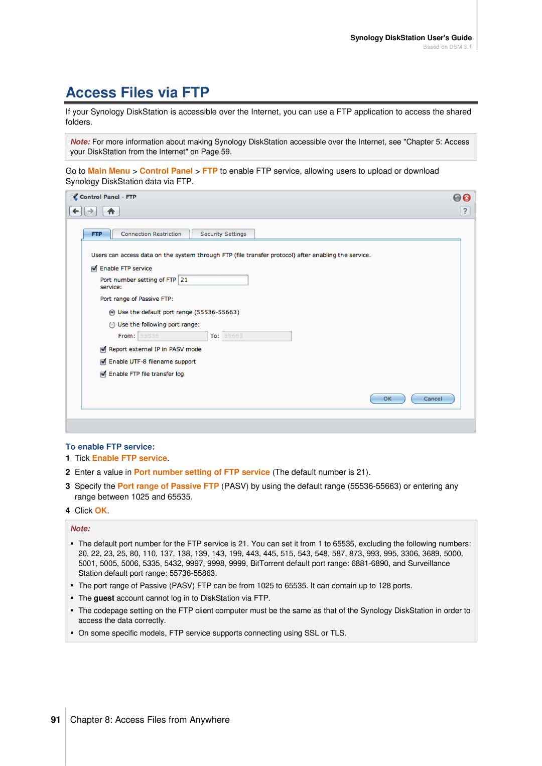 Synology DS411SLIM manual Access Files via FTP, To enable FTP service, Tick Enable FTP service 