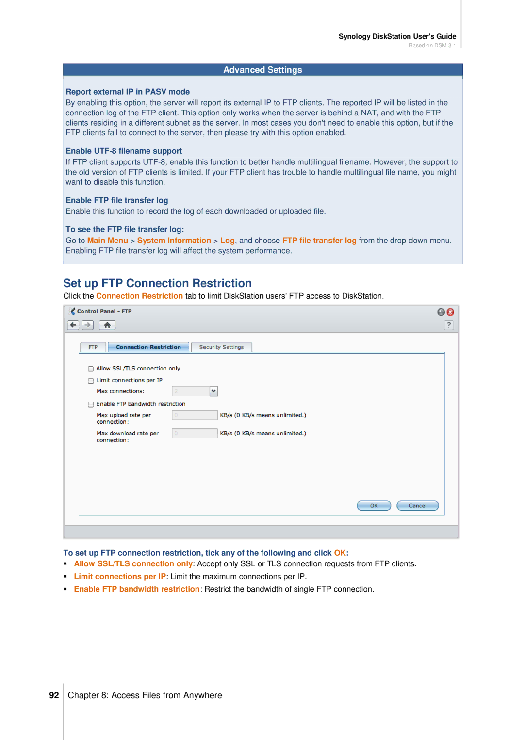 Synology DS411SLIM manual Set up FTP Connection Restriction, Report external IP in Pasv mode, Enable UTF-8 filename support 