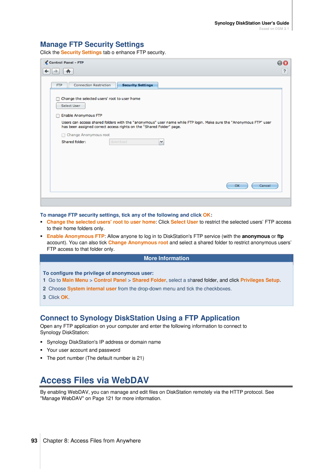 Synology DS411SLIM Access Files via WebDAV, Manage FTP Security Settings, To configure the privilege of anonymous user 