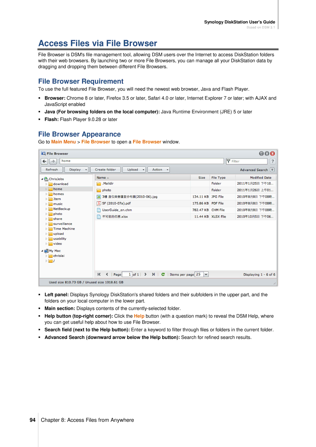 Synology DS411SLIM manual Access Files via File Browser, File Browser Requirement, File Browser Appearance 