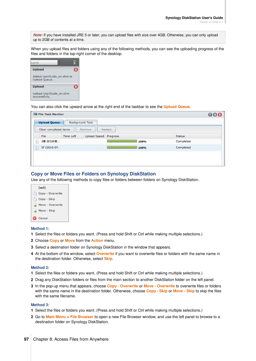 Synology DS411SLIM manual Copy or Move Files or Folders on Synology DiskStation 