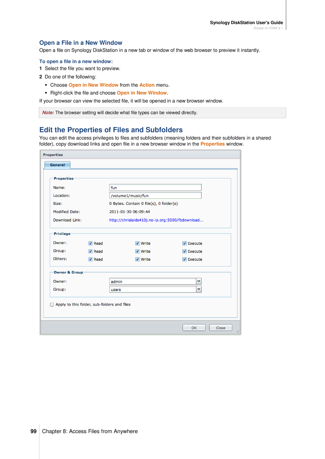 Synology DS411SLIM manual Edit the Properties of Files and Subfolders, Open a File in a New Window 