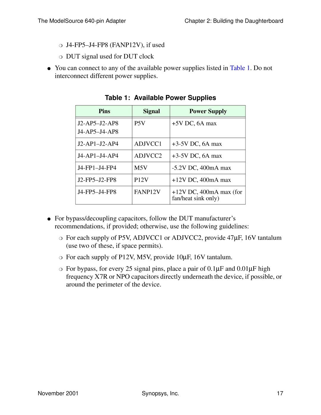 Synopsys 640-pin Generic Device Adapter manual P5V, ADJVCC1, ADJVCC2, M5V, FANP12V 