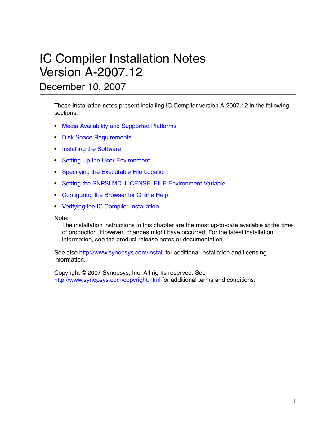 Synopsys installation instructions IC Compiler Installation Notes Version A-2007.12 