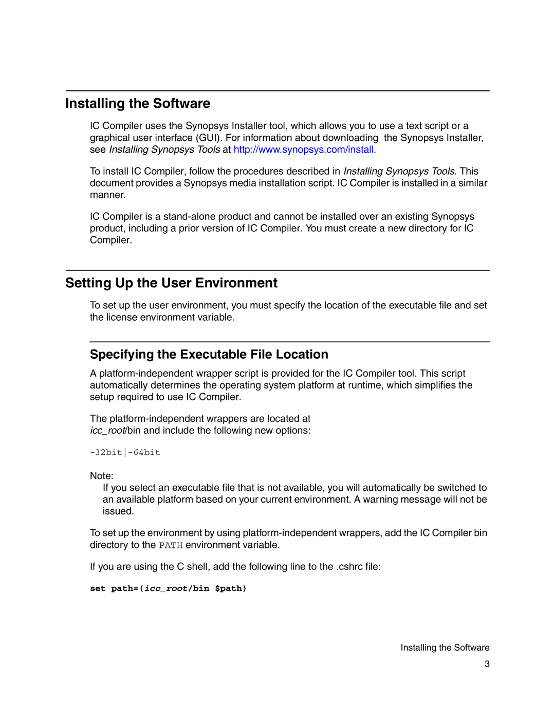 Synopsys A-2007.12 Installing the Software, Setting Up the User Environment, Specifying the Executable File Location 