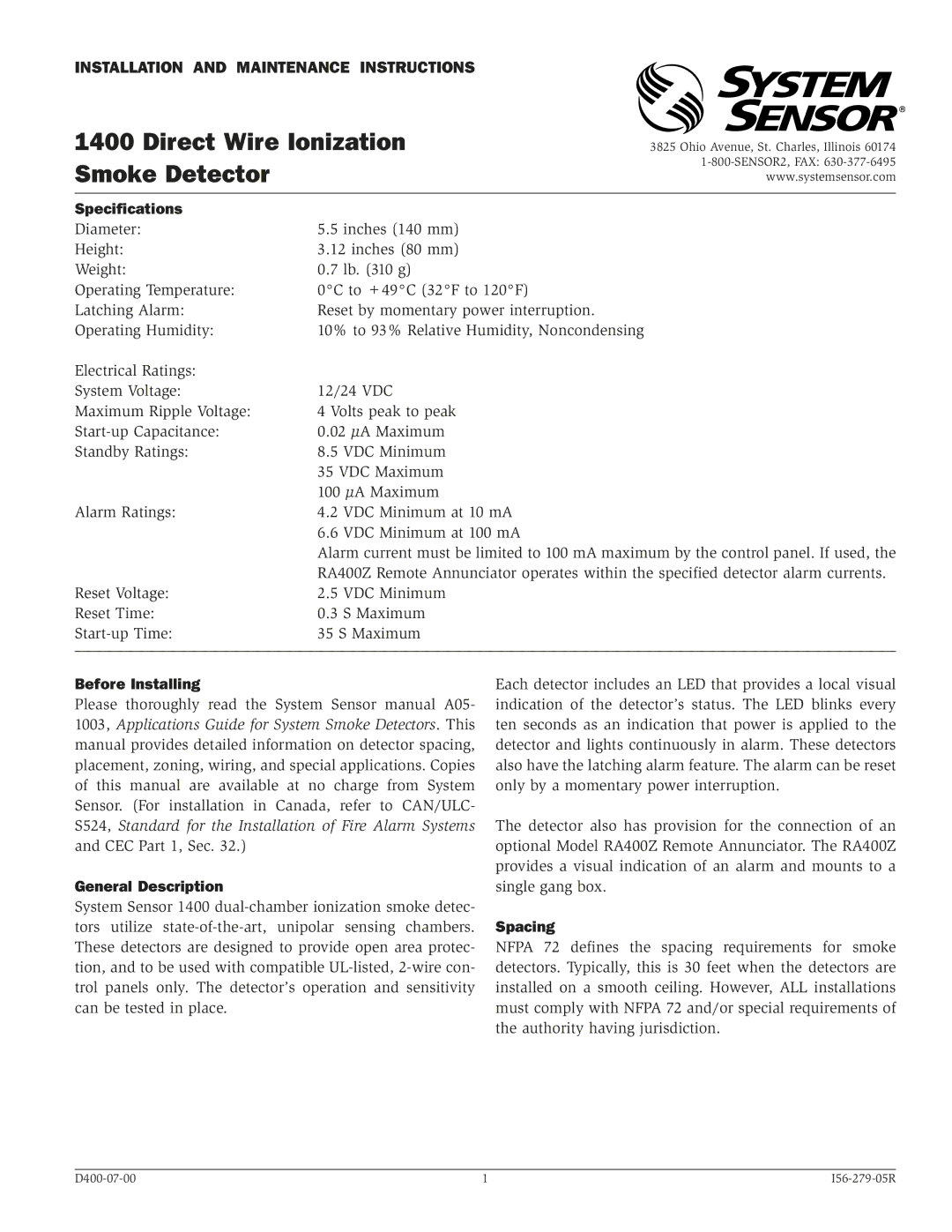 System Sensor 1400 specifications Specifications, Before Installing, General Description, Spacing 