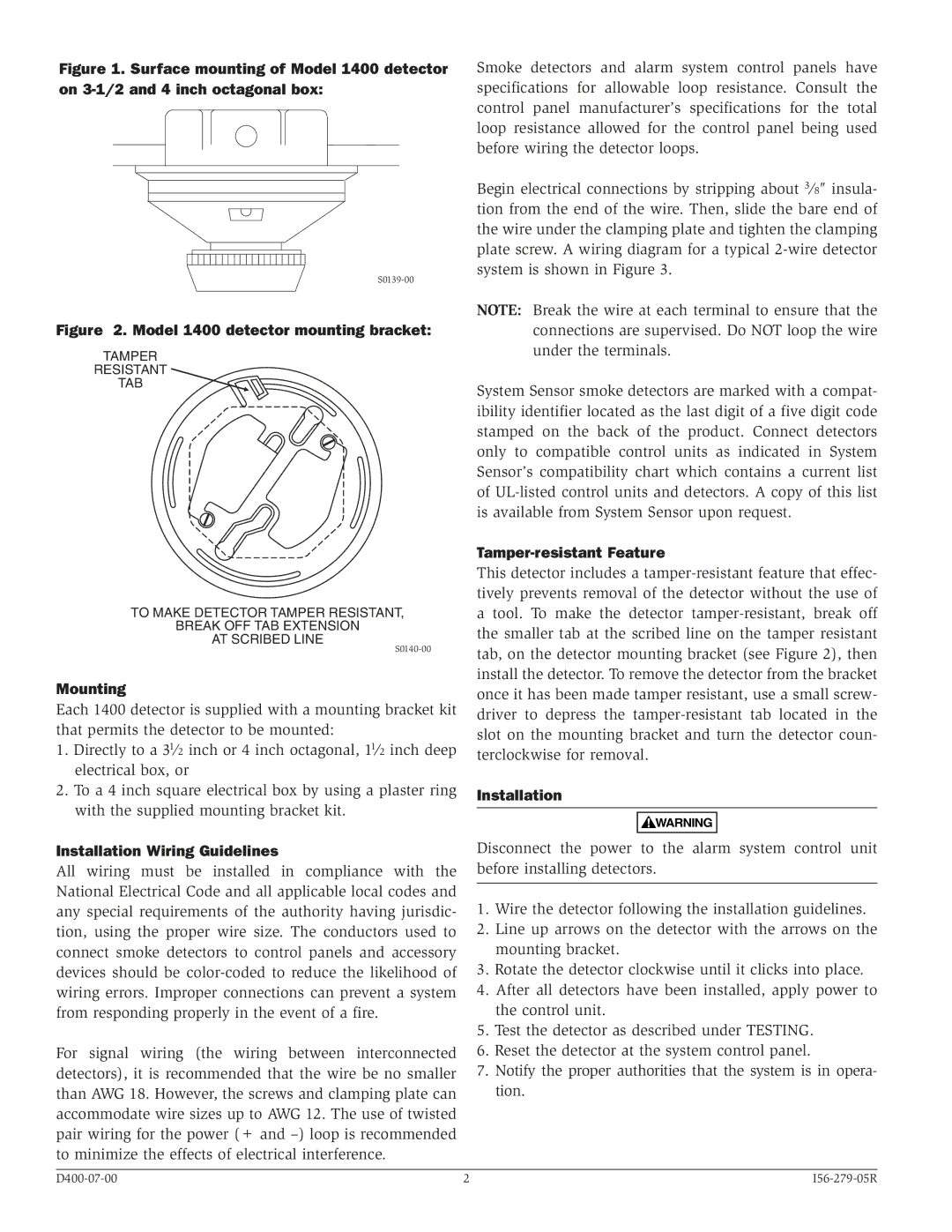 System Sensor 1400 specifications Tamper-resistant Feature, Mounting, Installation Wiring Guidelines 