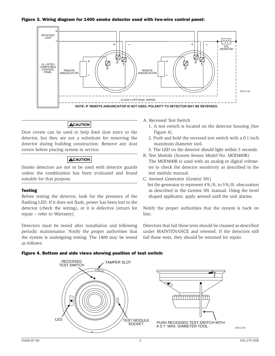 System Sensor 1400 specifications Testing, Bottom and side views showing position of test switch 