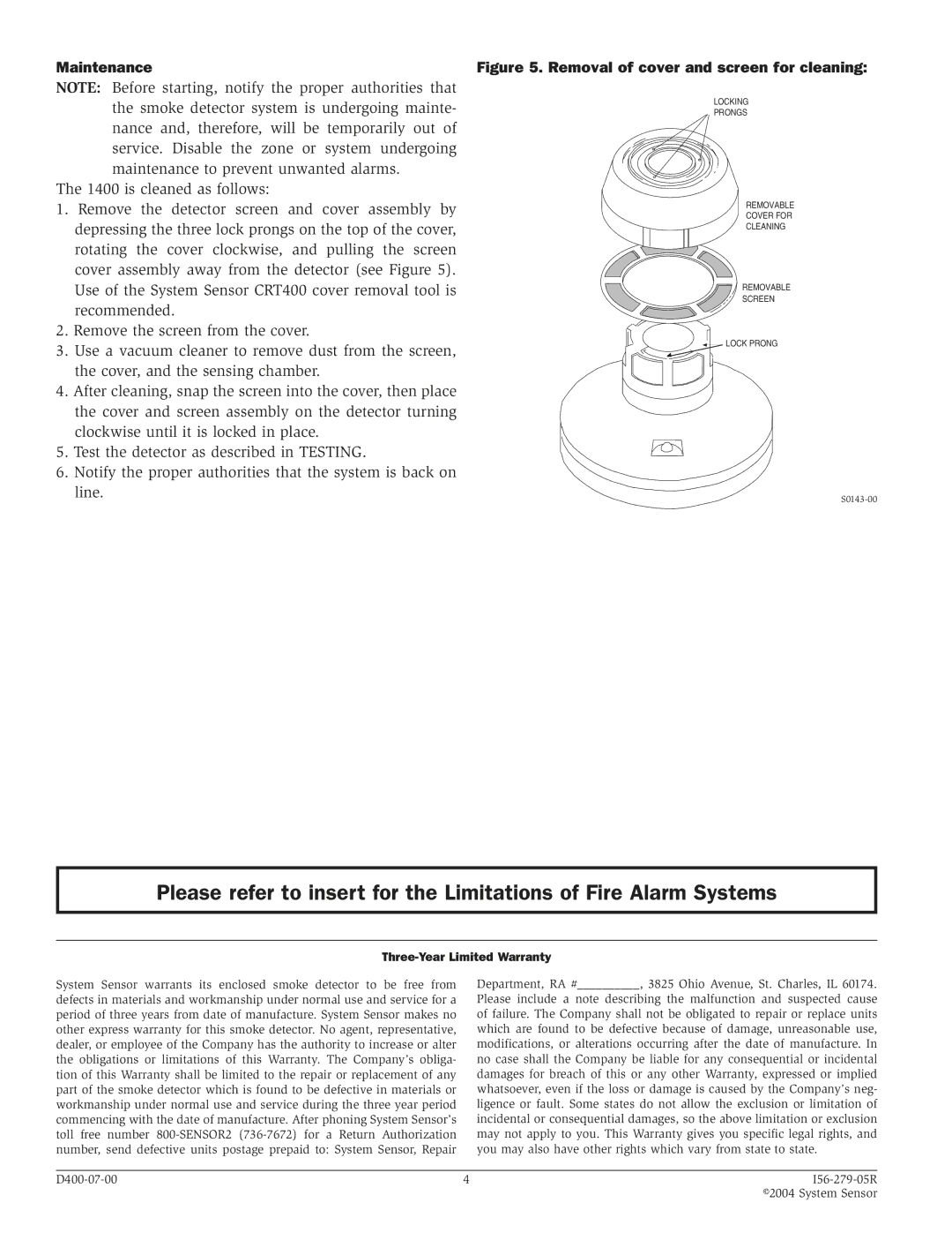 System Sensor 1400 specifications Maintenance, Removal of cover and screen for cleaning 