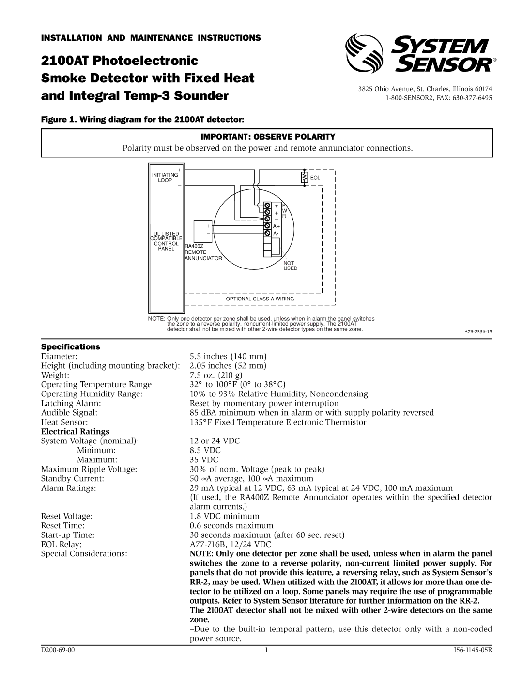 System Sensor 2100AT specifications Specifications, Electrical Ratings 