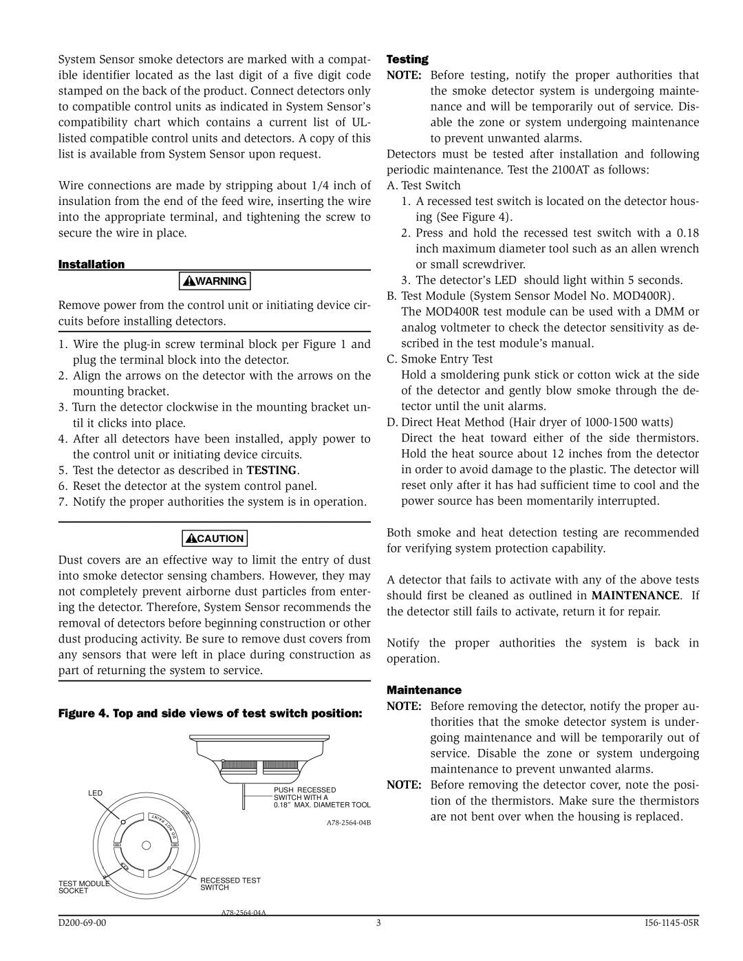 System Sensor 2100AT specifications Installation, Testing, Maintenance 