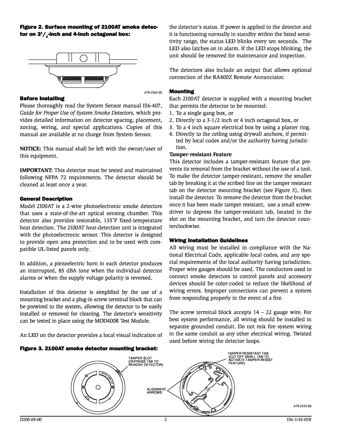 System Sensor 2100AT specifications Before Installing, General Description, Mounting, Wiring Installation Guidelines 
