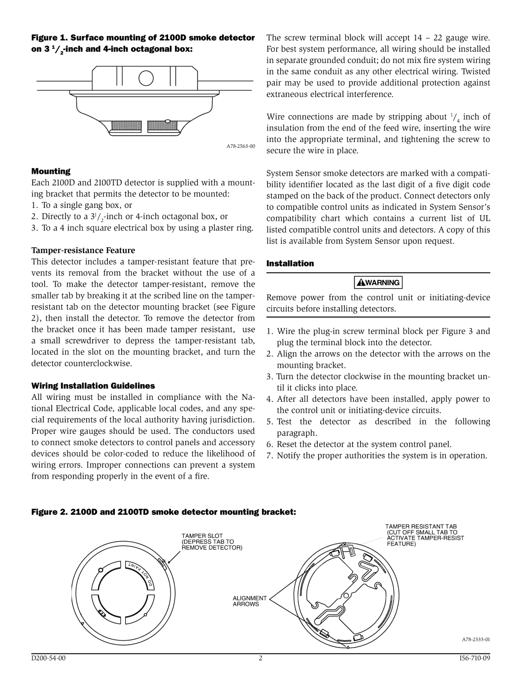 System Sensor 2100D, 2100TD manual Mounting, Tamper-resistance Feature, Wiring Installation Guidelines 