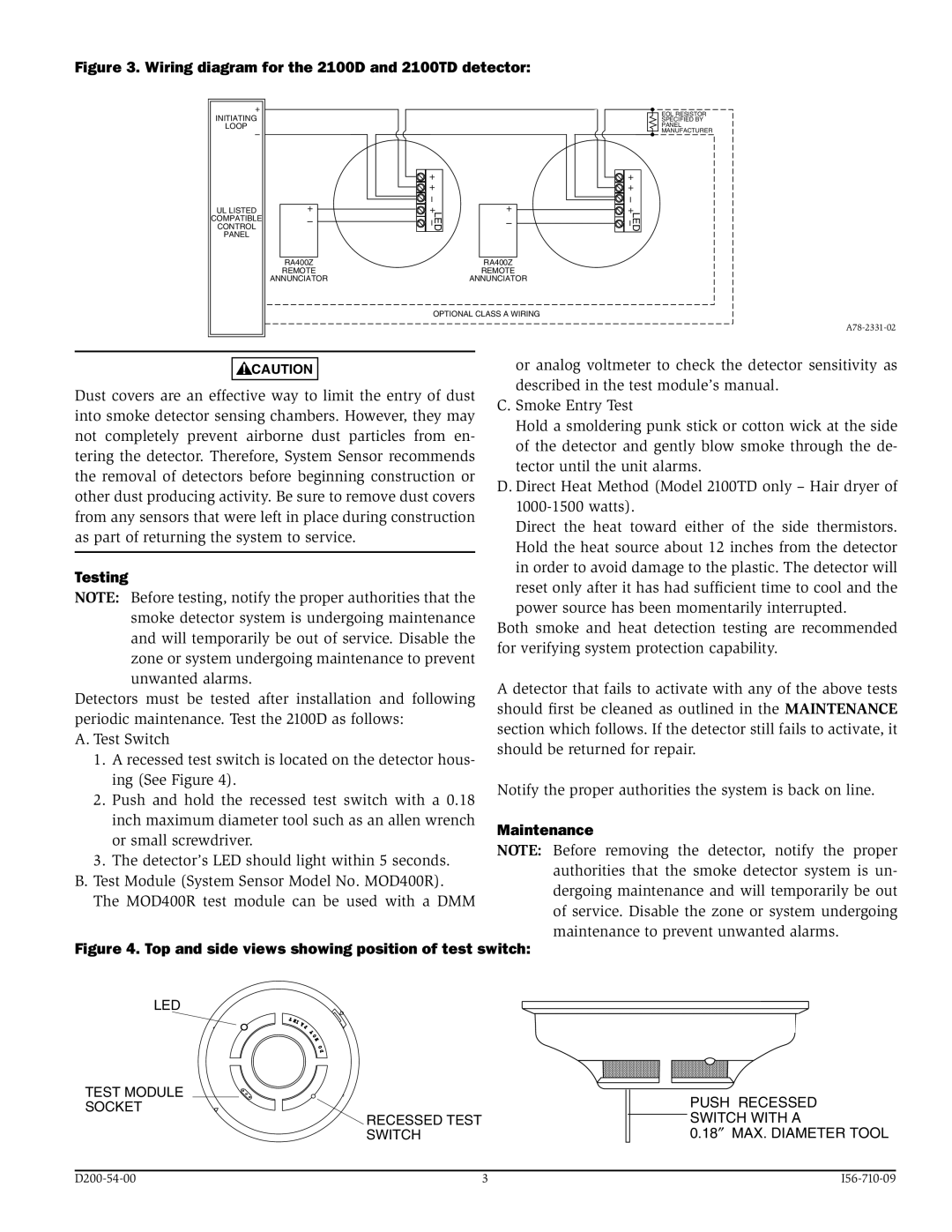 System Sensor 2100TD, 2100D manual Testing, Maintenance 