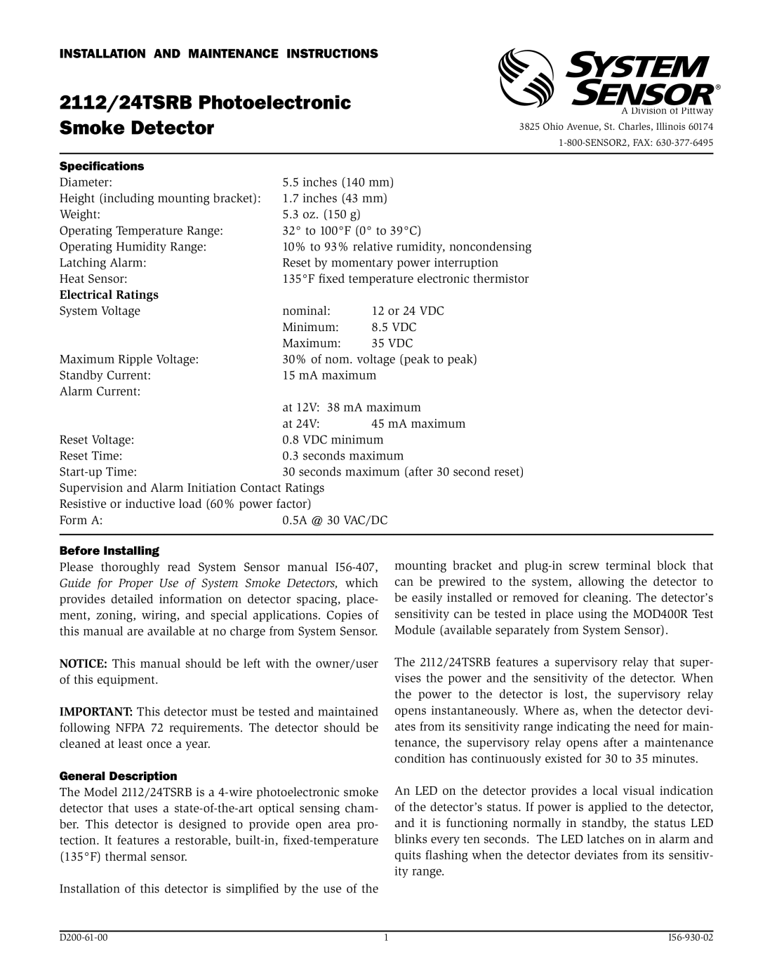 System Sensor 24TSRB, 2112 manual Specifications, Electrical Ratings, Before Installing, General Description 