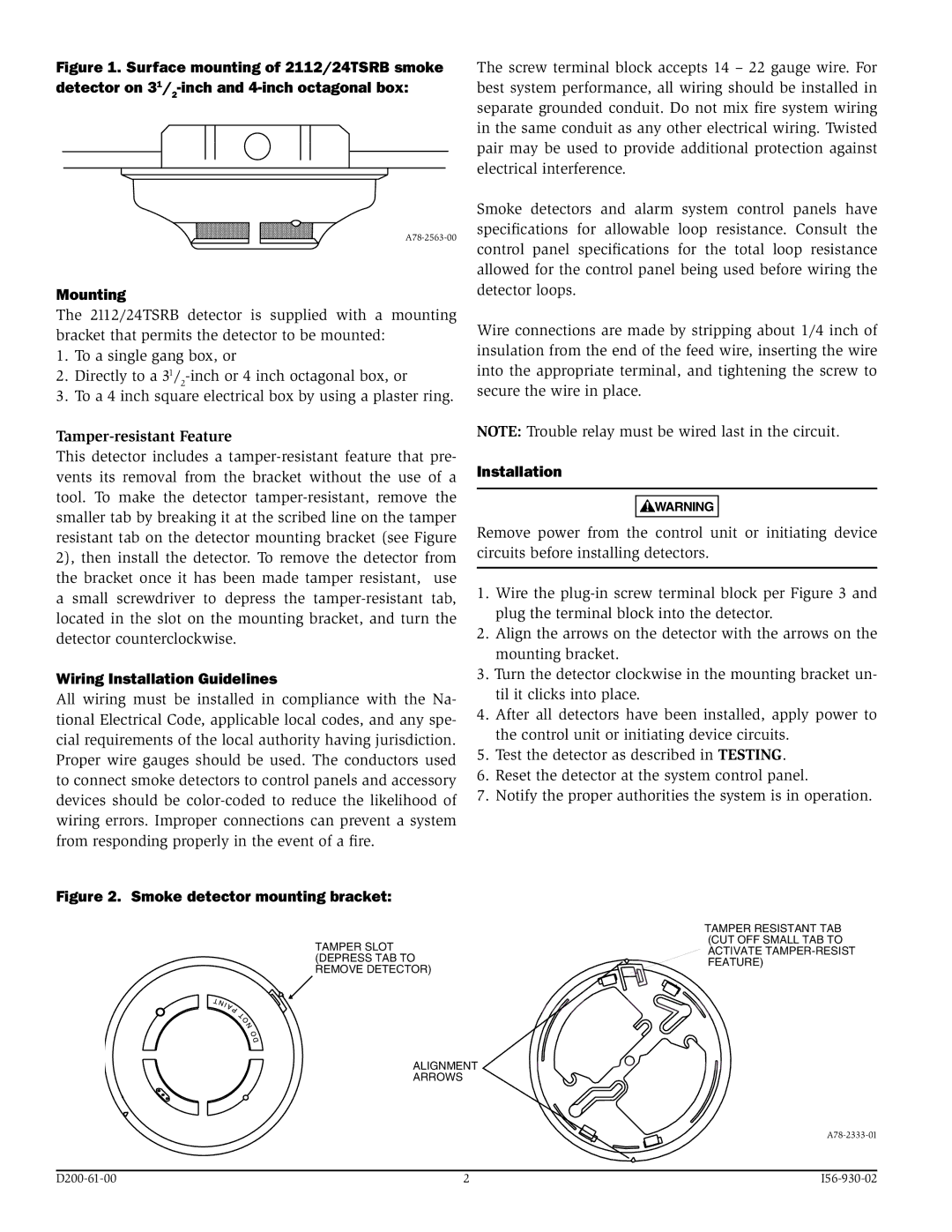 System Sensor 2112, 24TSRB manual Mounting, Tamper-resistant Feature, Wiring Installation Guidelines 