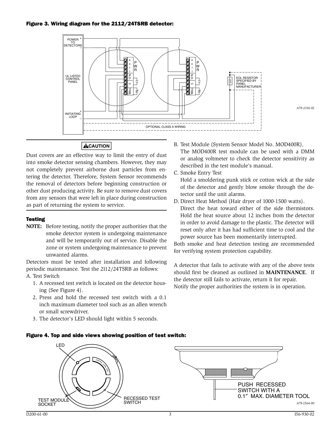 System Sensor manual Wiring diagram for the 2112/24TSRB detector, Testing 