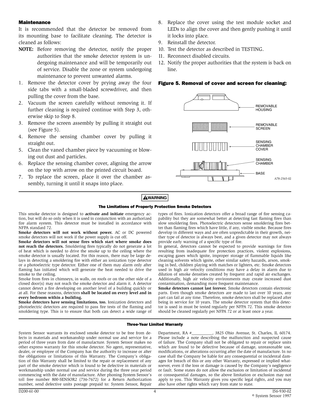 System Sensor 2112, 24TSRB manual Maintenance, Removal of cover and screen for cleaning 