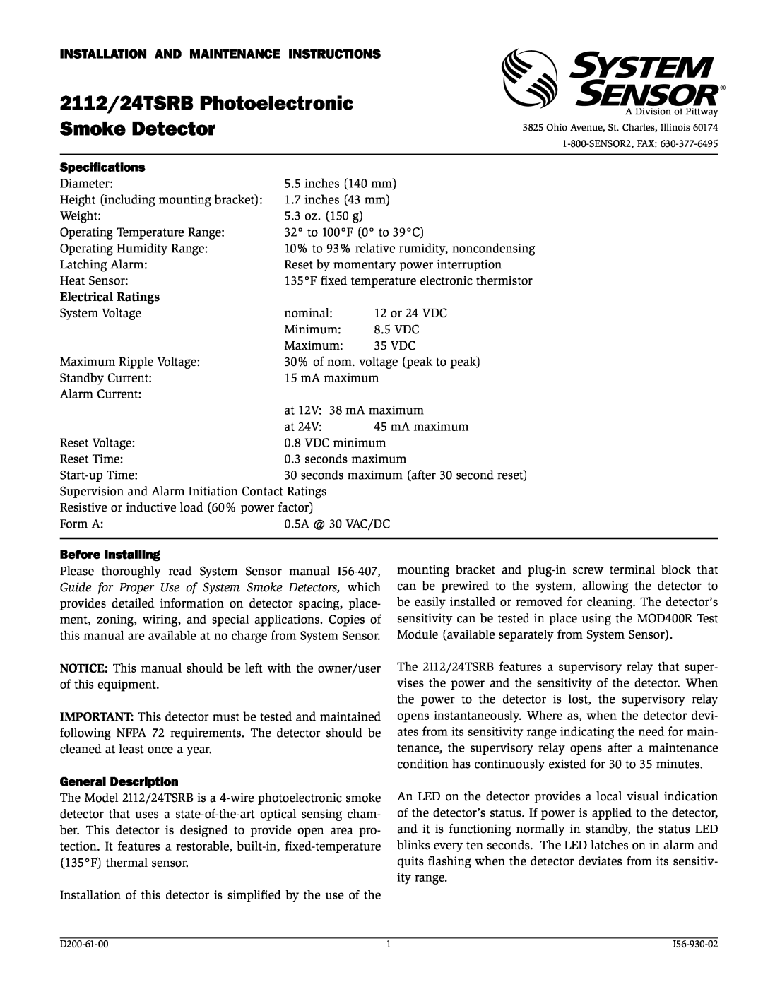 System Sensor manual Electrical Ratings, 2112/24TSRB Photoelectronic Smoke Detector 