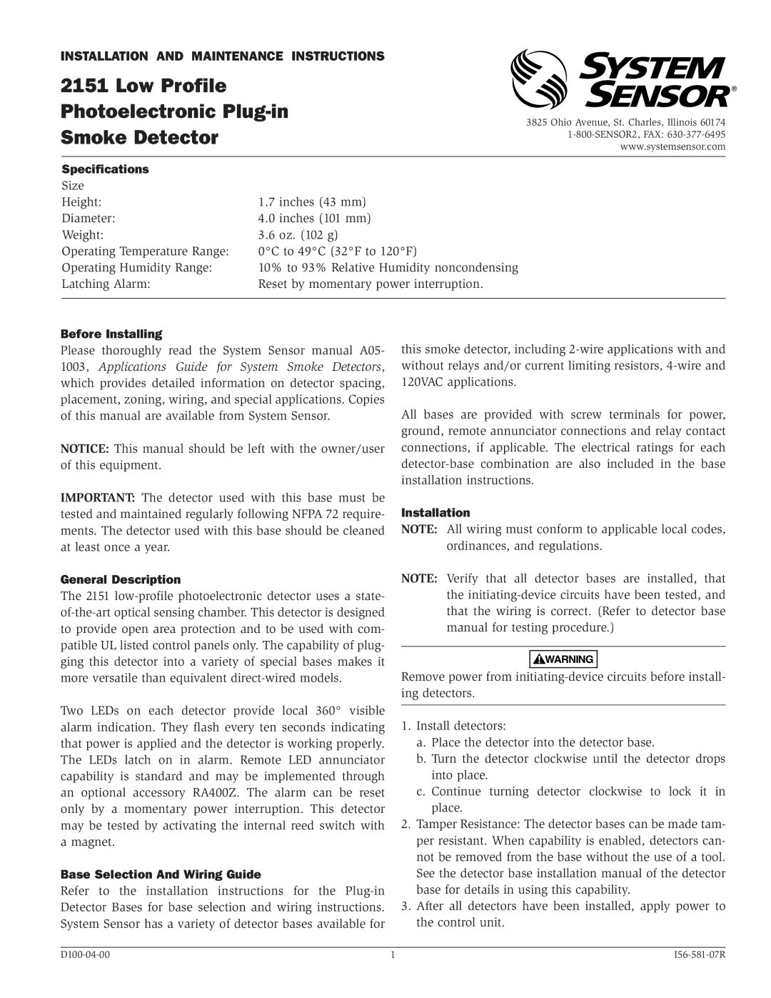 System Sensor 2151 installation instructions Specifications, Before Installing, General Description, Installation 