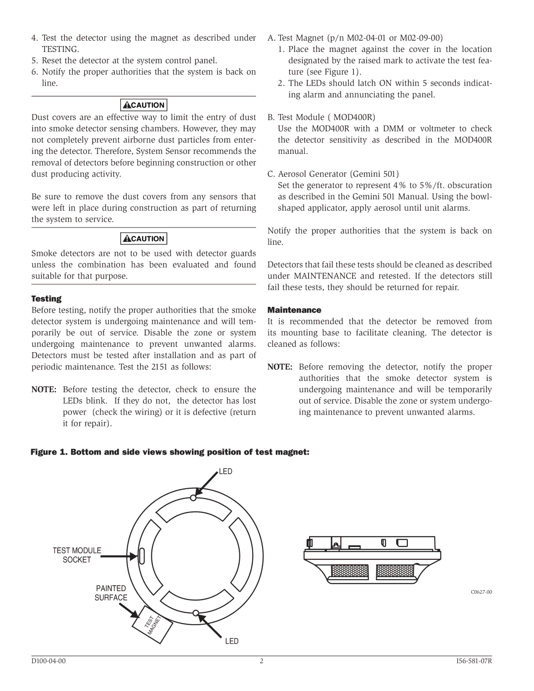 System Sensor 2151 installation instructions Testing, Maintenance 