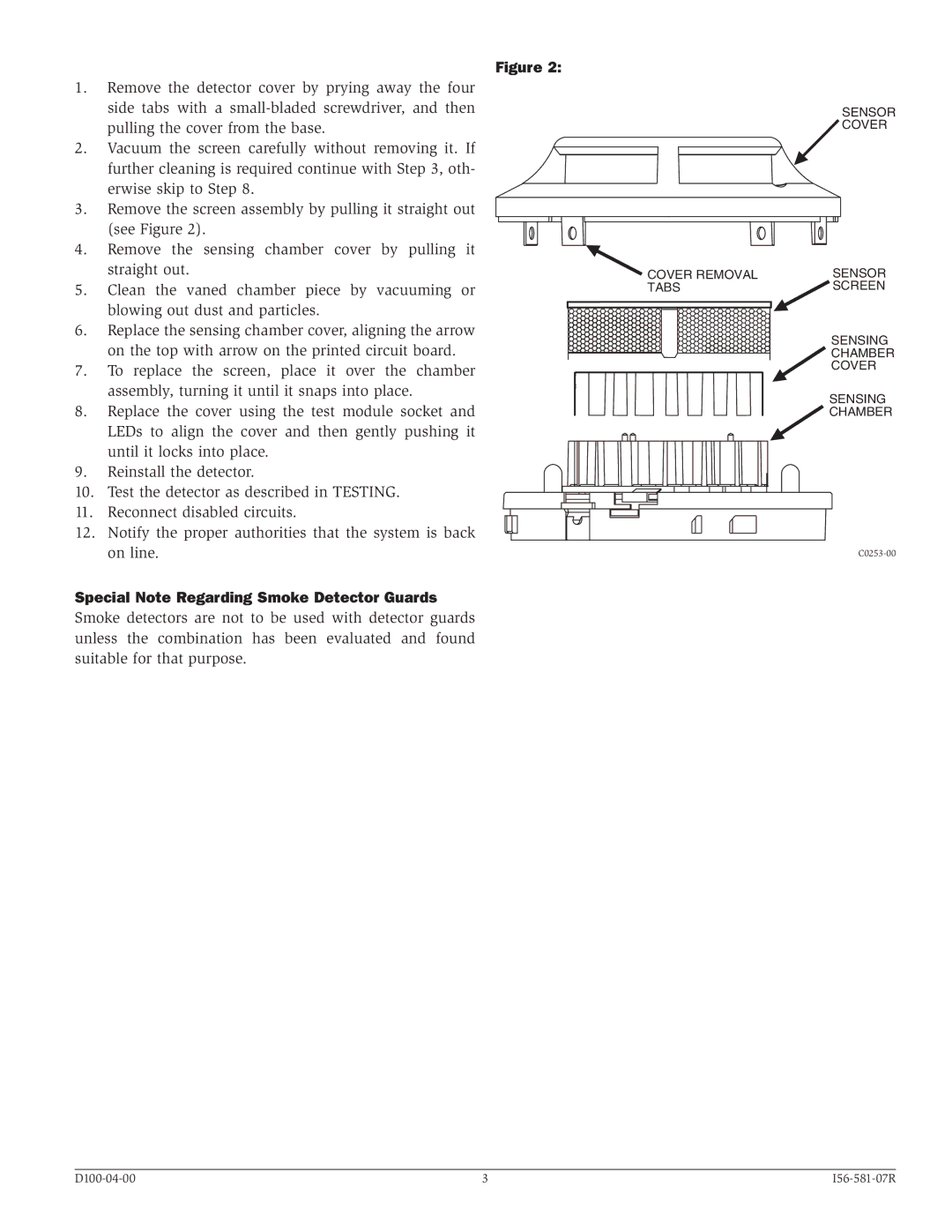 System Sensor 2151 installation instructions Sensor Cover Cover Removal Tabs Screen Sensing Chamber 