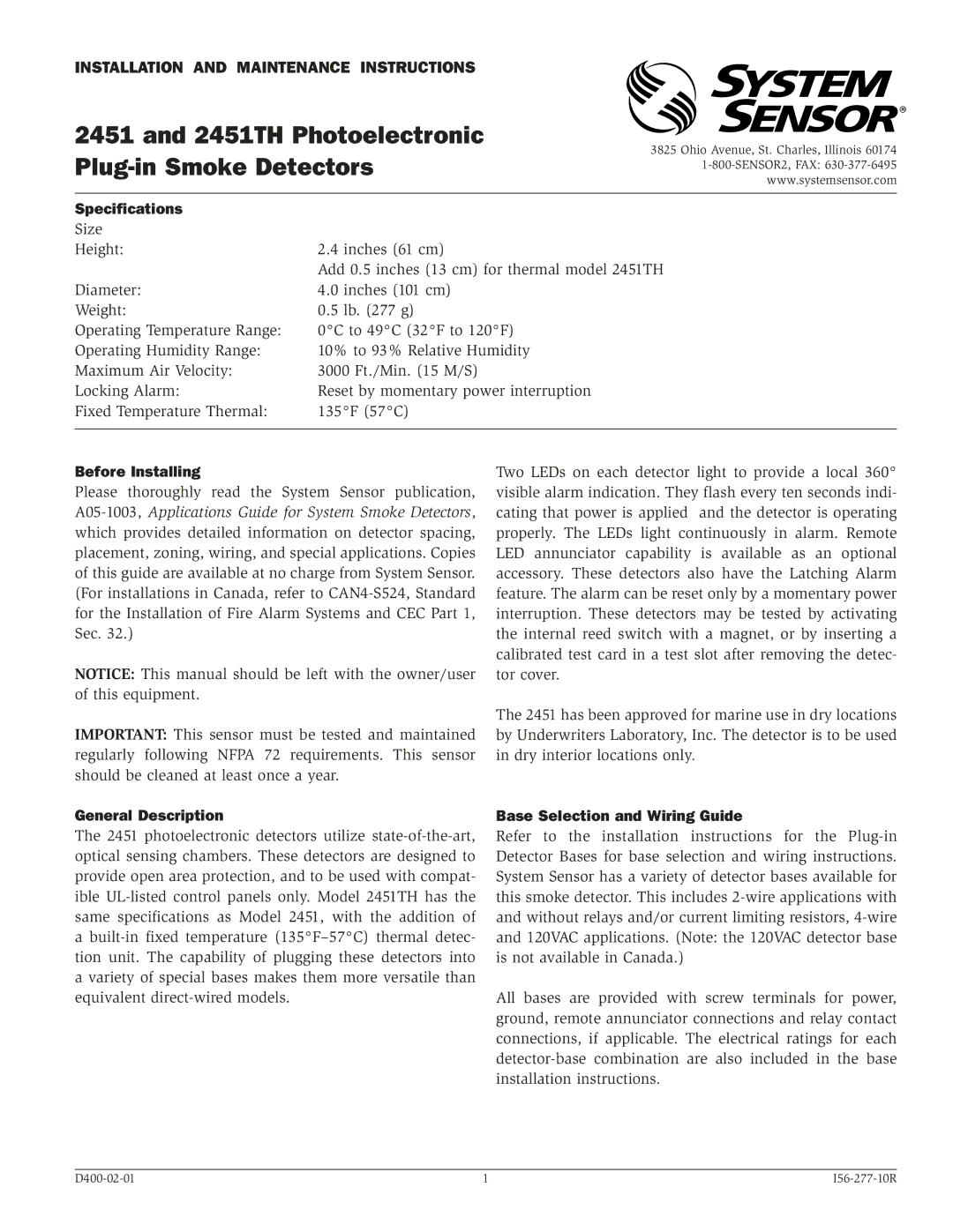 System Sensor 2451, 2451TH specifications Specifications, Before Installing, General Description 