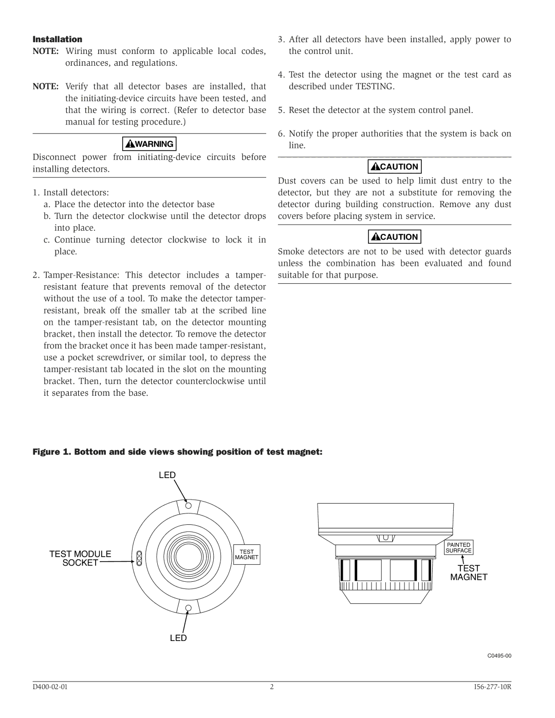 System Sensor 2451, 2451TH specifications Installation, Bottom and side views showing position of test magnet 