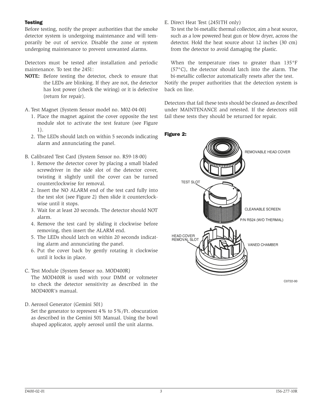 System Sensor 2451, 2451TH specifications Testing 