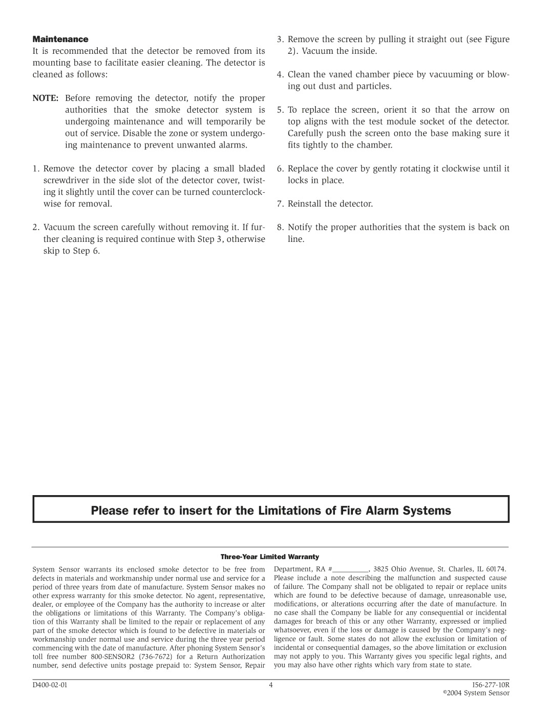 System Sensor 2451, 2451TH specifications Maintenance, Three-Year Limited Warranty 