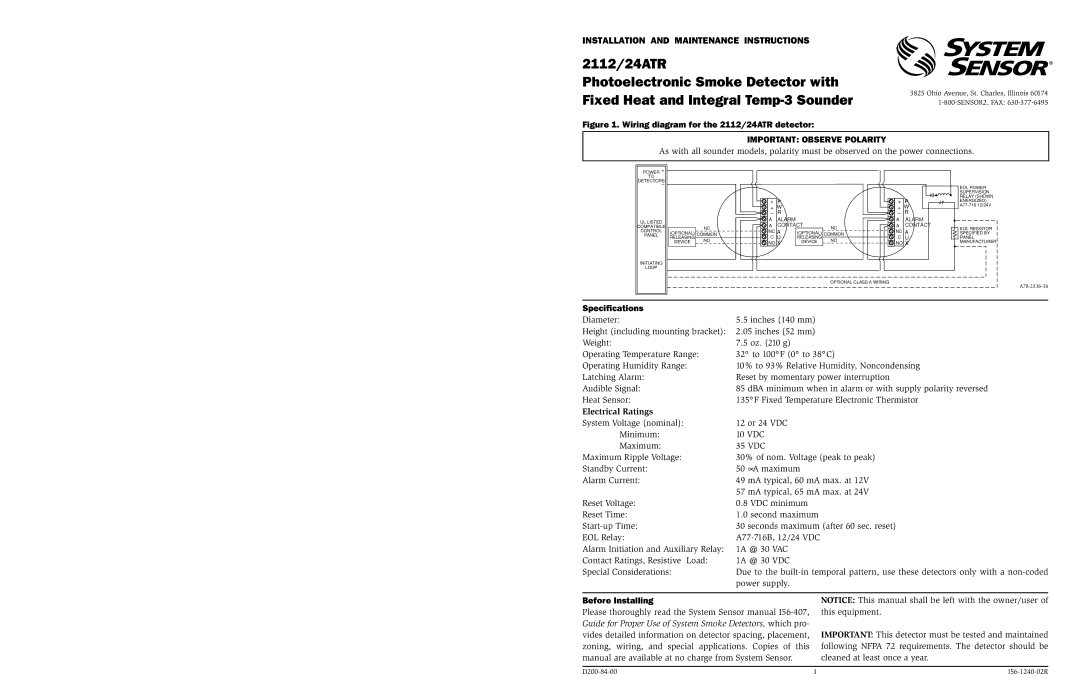 System Sensor 24ATR specifications Specifications, Electrical Ratings, Before Installing 