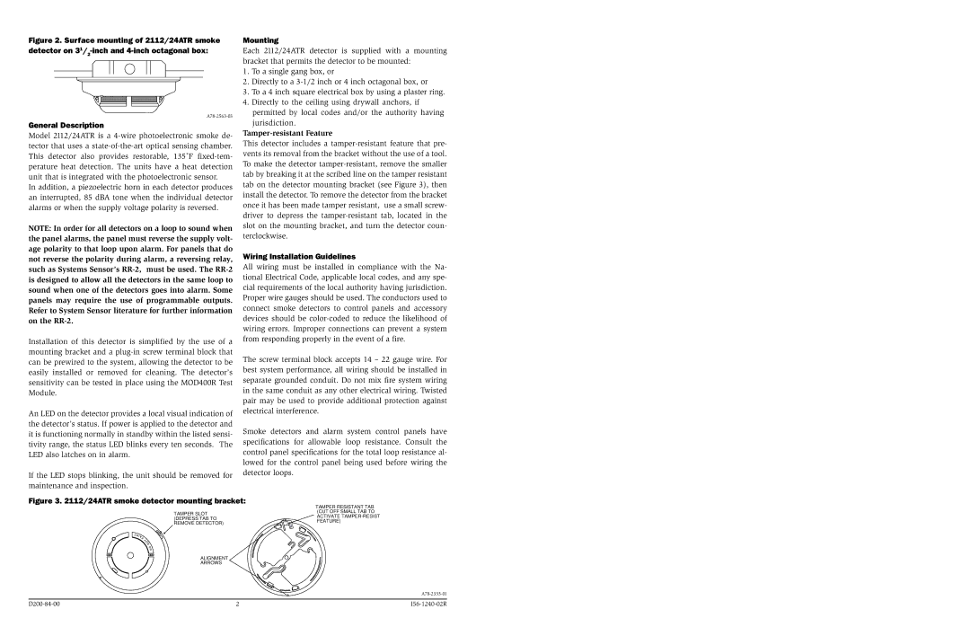 System Sensor 24ATR specifications General Description, Mounting, Tamper-resistant Feature, Wiring Installation Guidelines 