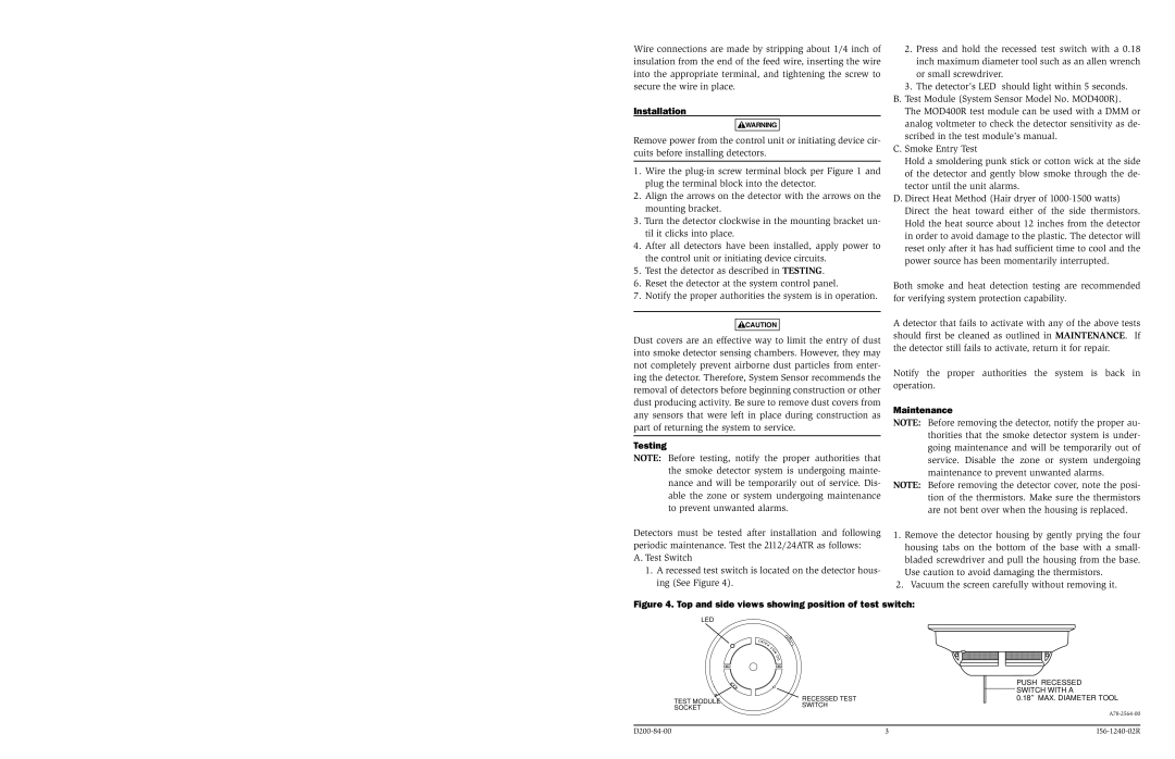 System Sensor 24ATR specifications Installation, Testing, Maintenance 