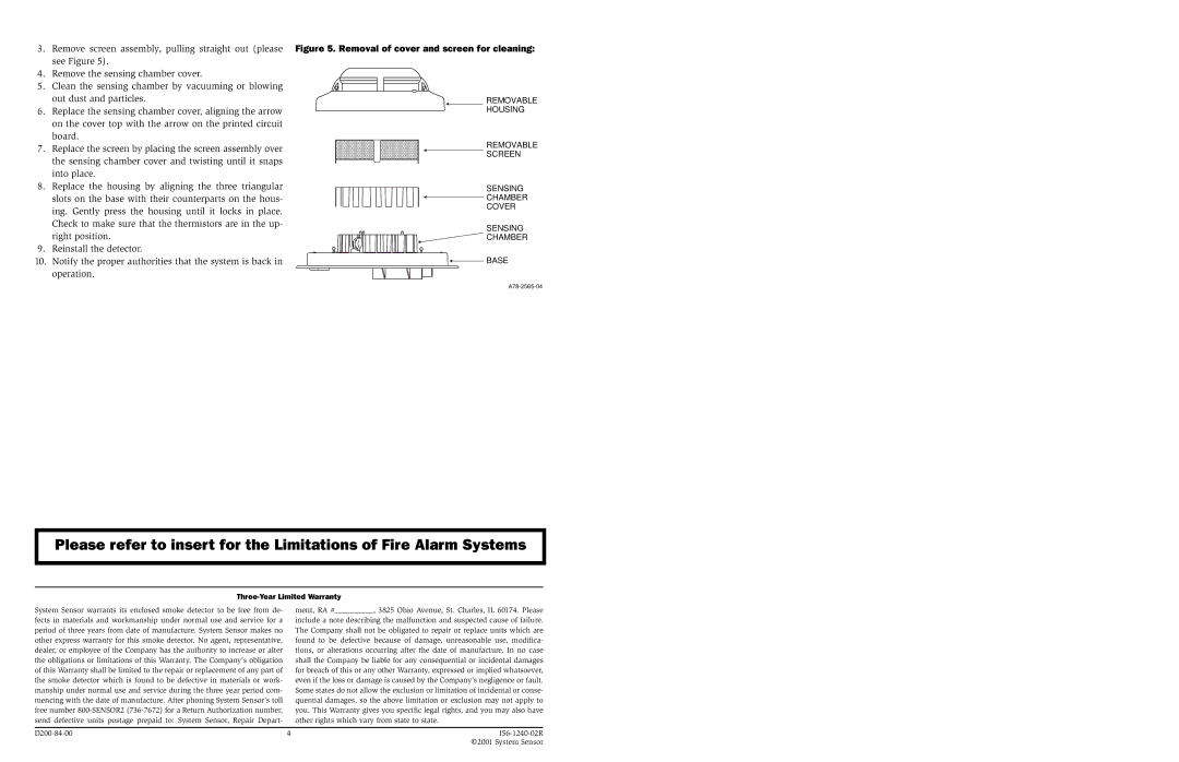 System Sensor 24ATR specifications Removal of cover and screen for cleaning 