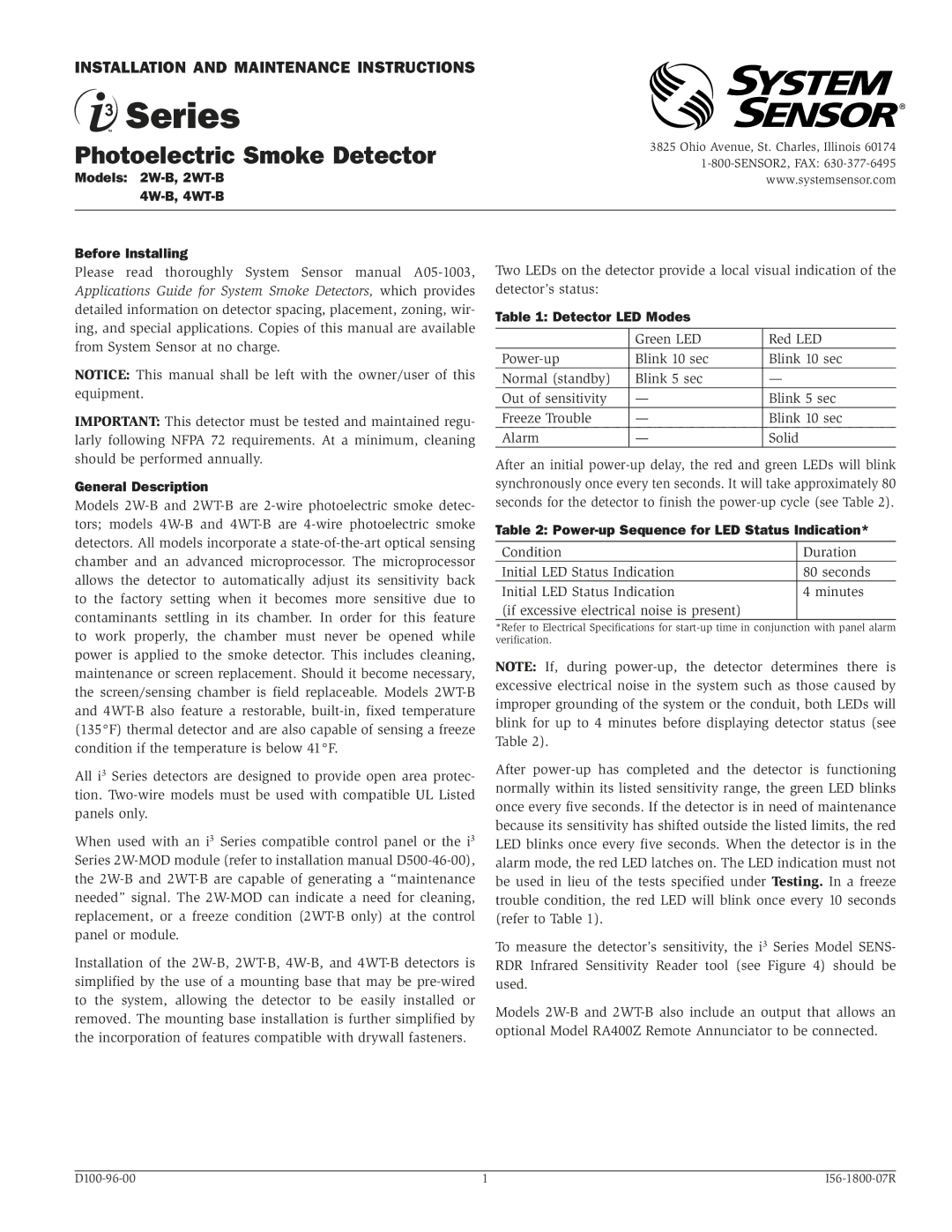 System Sensor 2W-B installation manual 4W-B, 4WT-B Before Installing, General Description, Detector LED Modes 