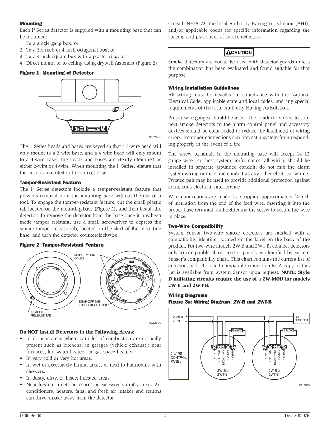 System Sensor 2W-B Mounting, Tamper-Resistant Feature, Wiring Installation Guidelines, Two-Wire Compatibility 