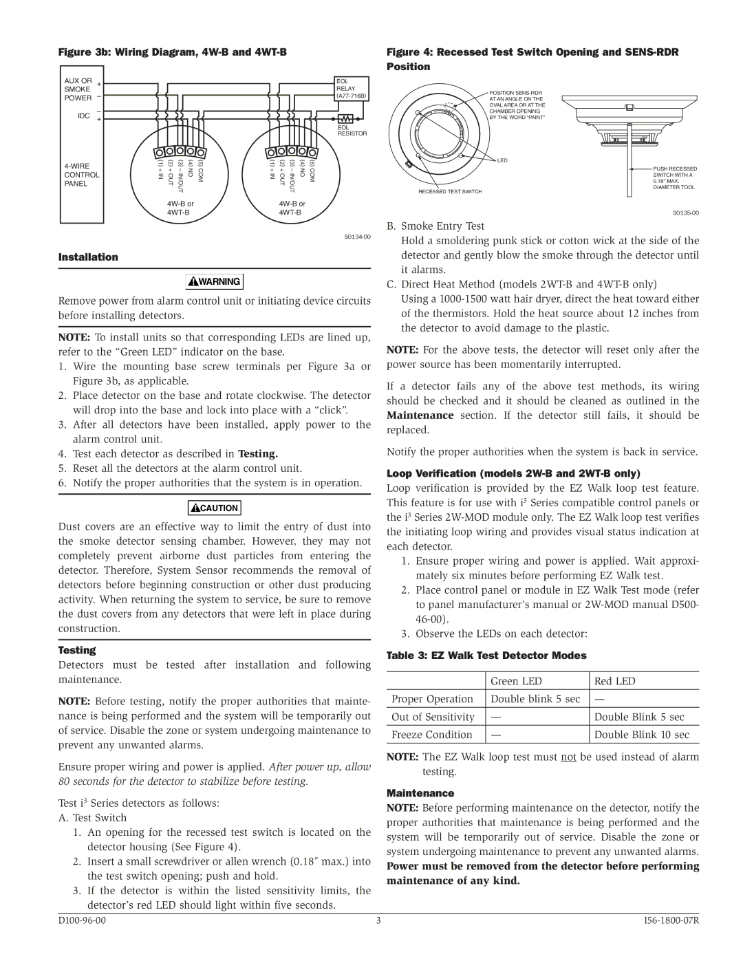 System Sensor Installation, Testing, Loop Verification models 2W-B and 2WT-B only, EZ Walk Test Detector Modes 