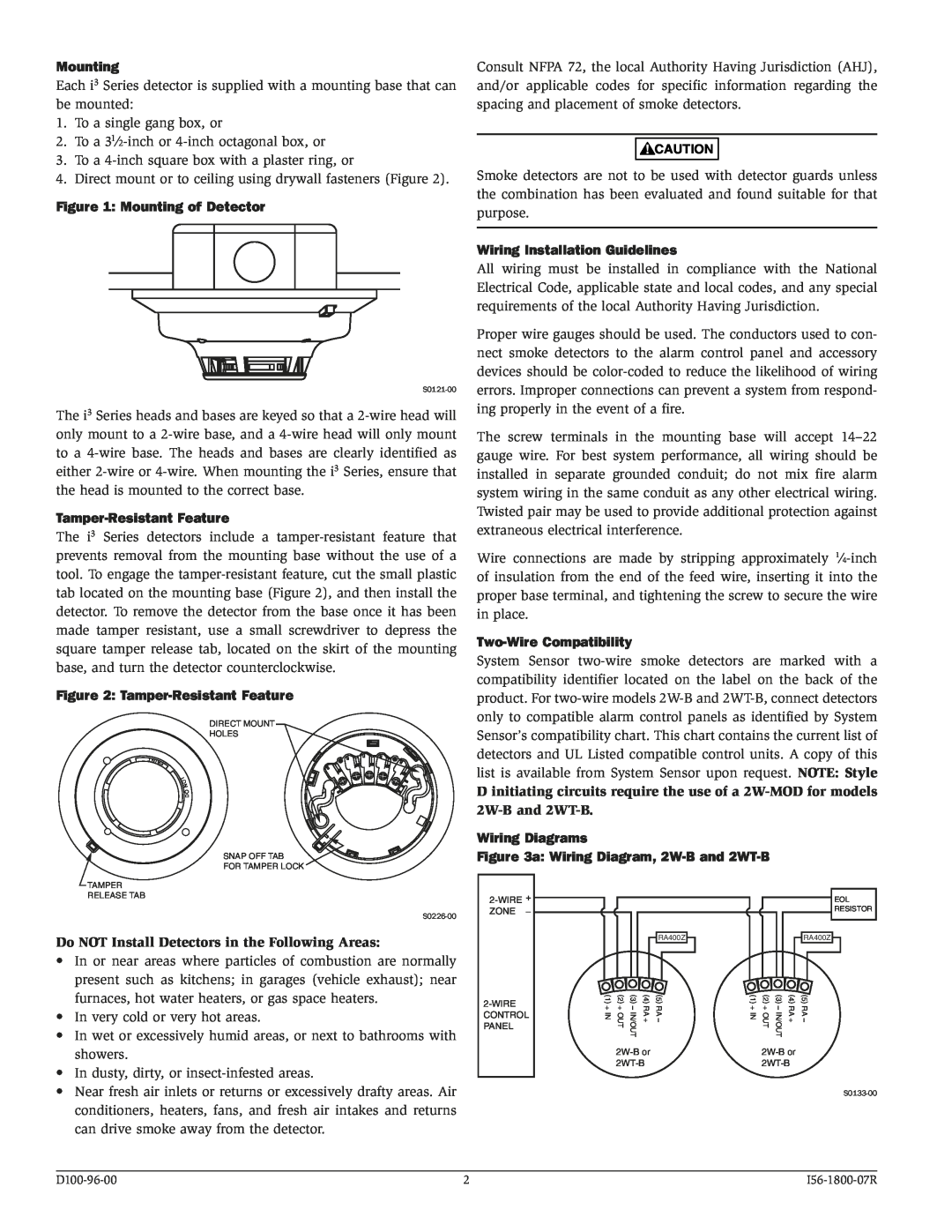 System Sensor 2W-B Mounting of Detector, Tamper-ResistantFeature, Wiring Installation Guidelines, Wiring Diagrams 