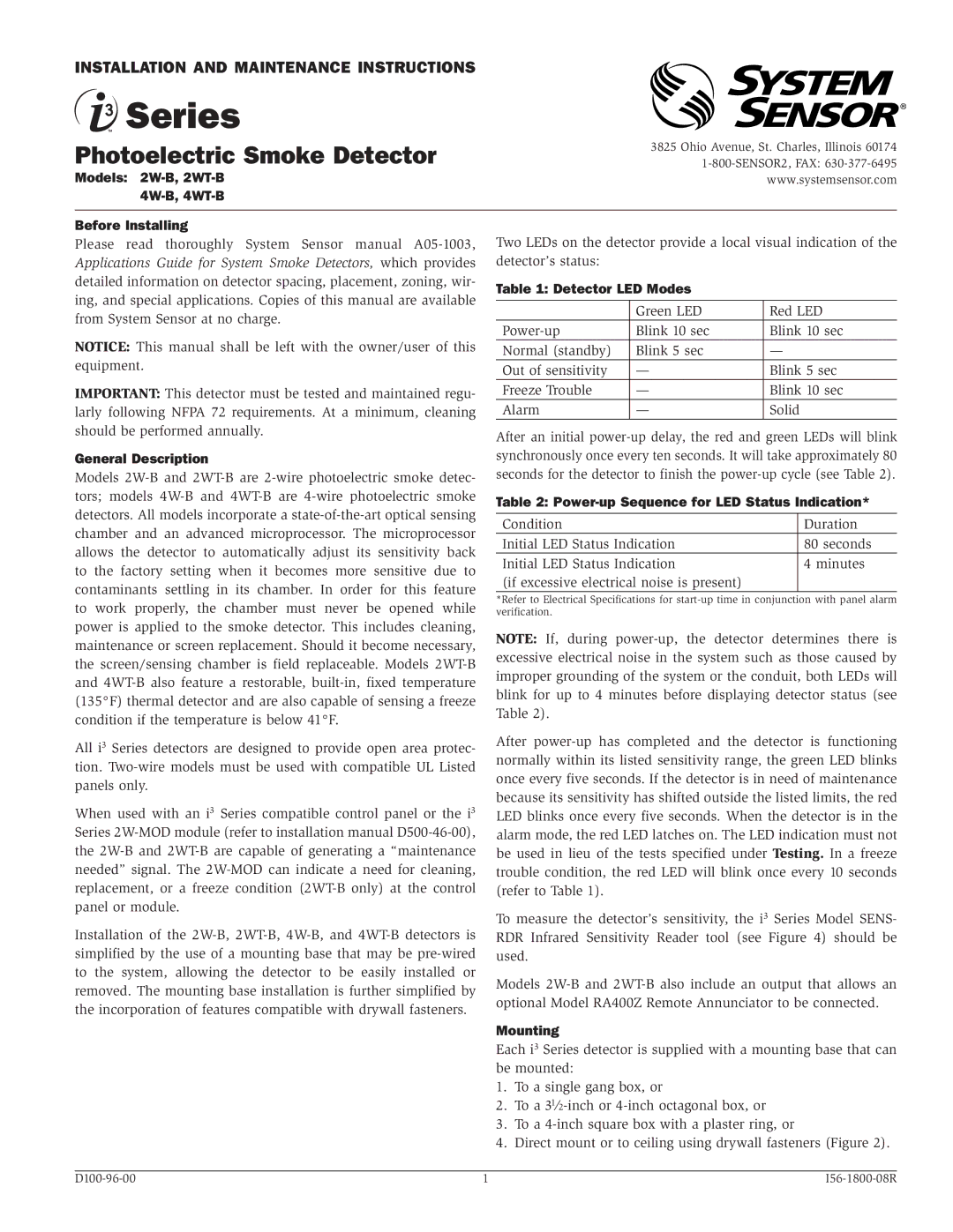 System Sensor installation manual 4W-B, 4WT-B Before Installing, General Description, Detector LED Modes, Mounting 