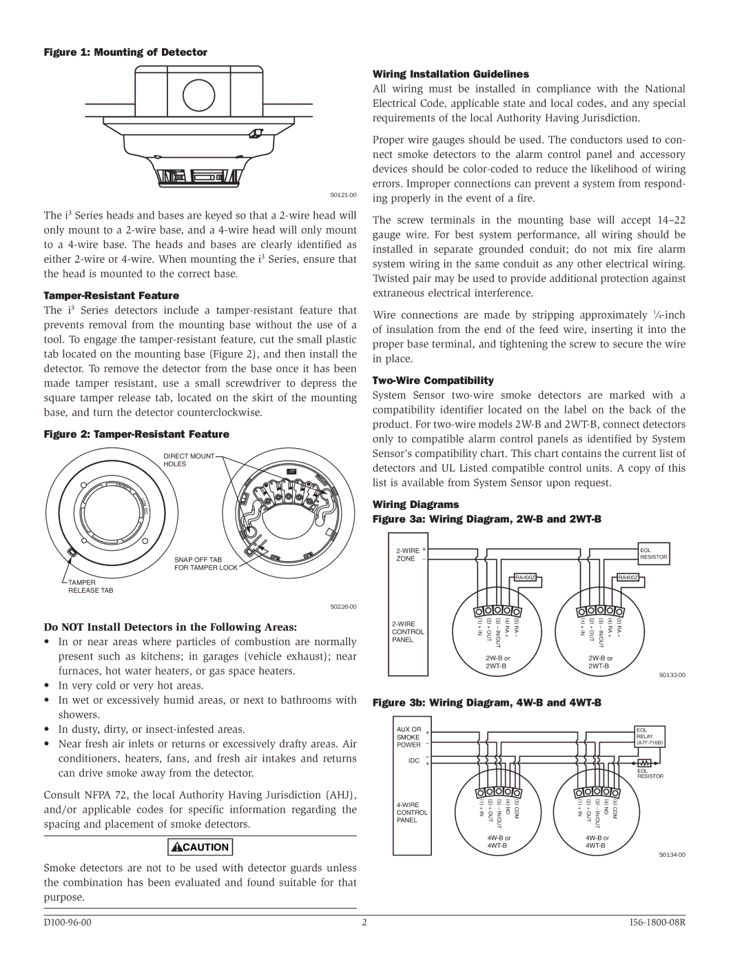 System Sensor 4WT-B Tamper-Resistant Feature, Wiring Installation Guidelines, Two-Wire Compatibility, Wiring Diagrams 