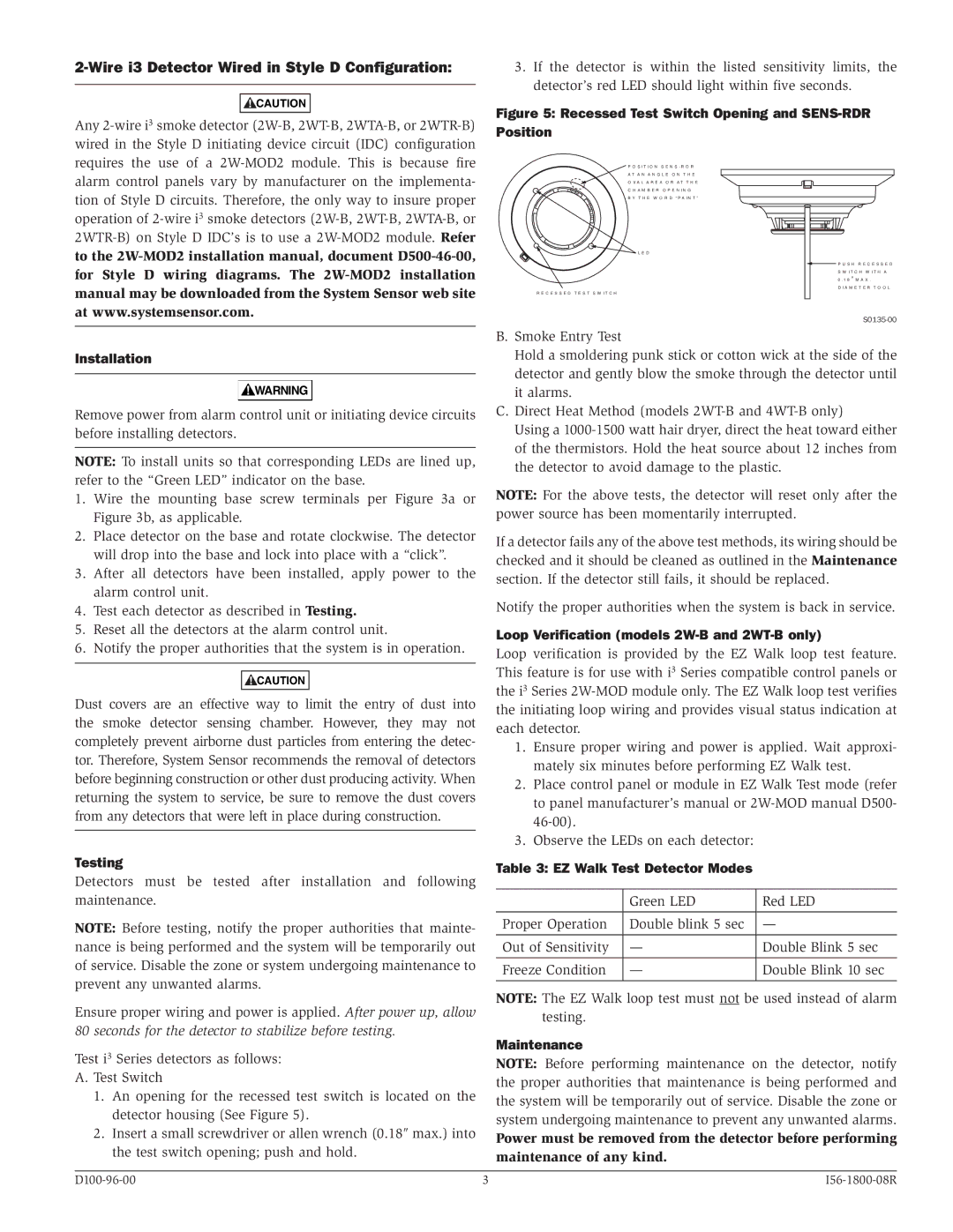 System Sensor 4W-B Installation, Testing, Loop Verification models 2W-B and 2WT-B only, EZ Walk Test Detector Modes 