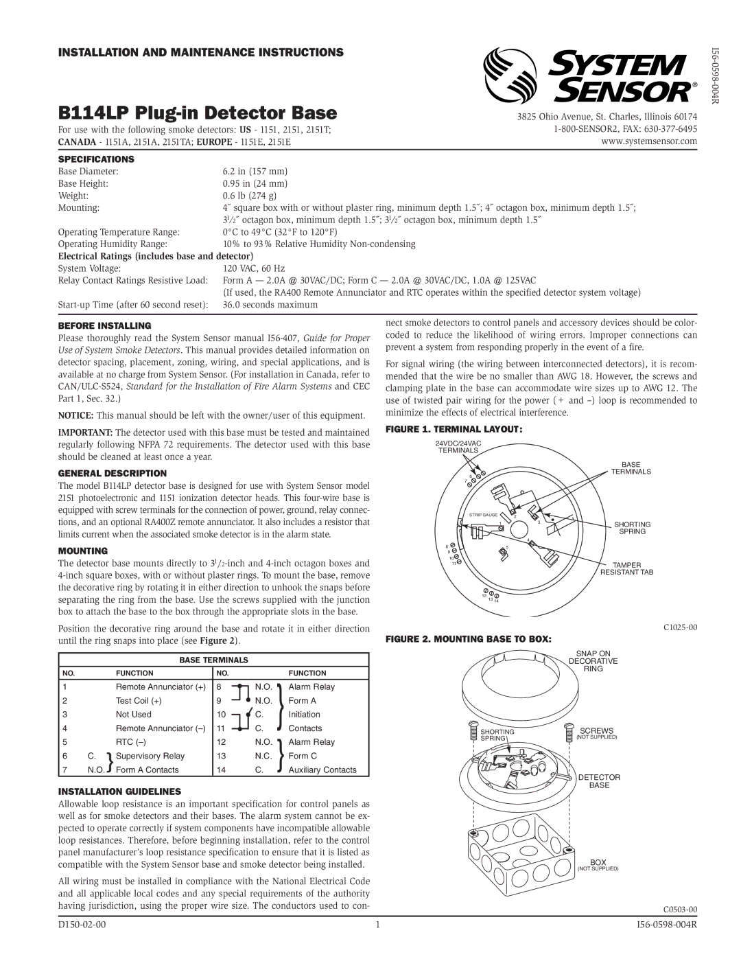 System Sensor B114LP specifications Specifications, Before Installing, General Description, Mounting 