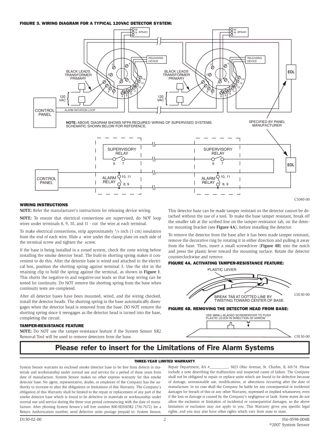 System Sensor B114LP specifications Wiring Instructions, Tamper-resistance Feature 