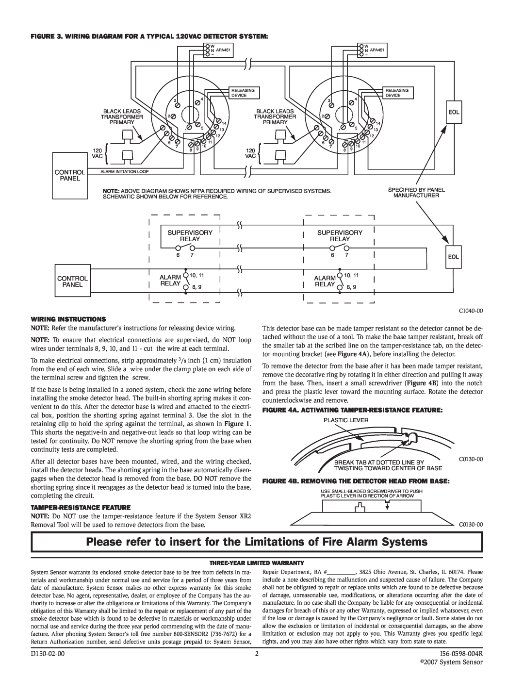 System Sensor B114LP specifications Wiring Instructions, Tamper-resistanceFeature, A. Activating tamper-resistancefeature 