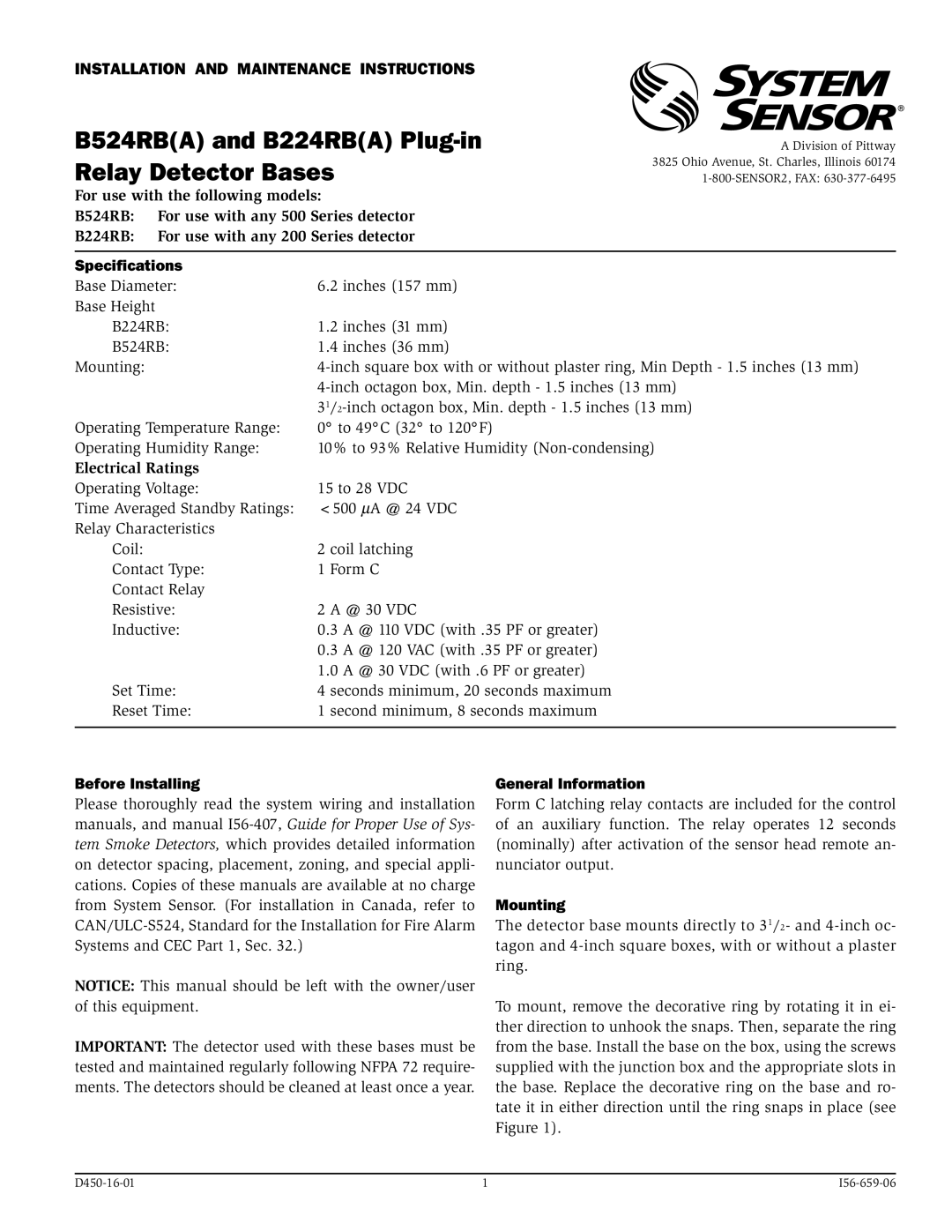 System Sensor B524RB(A), B224RB(A) installation manual Specifications, Before Installing, General Information, Mounting 