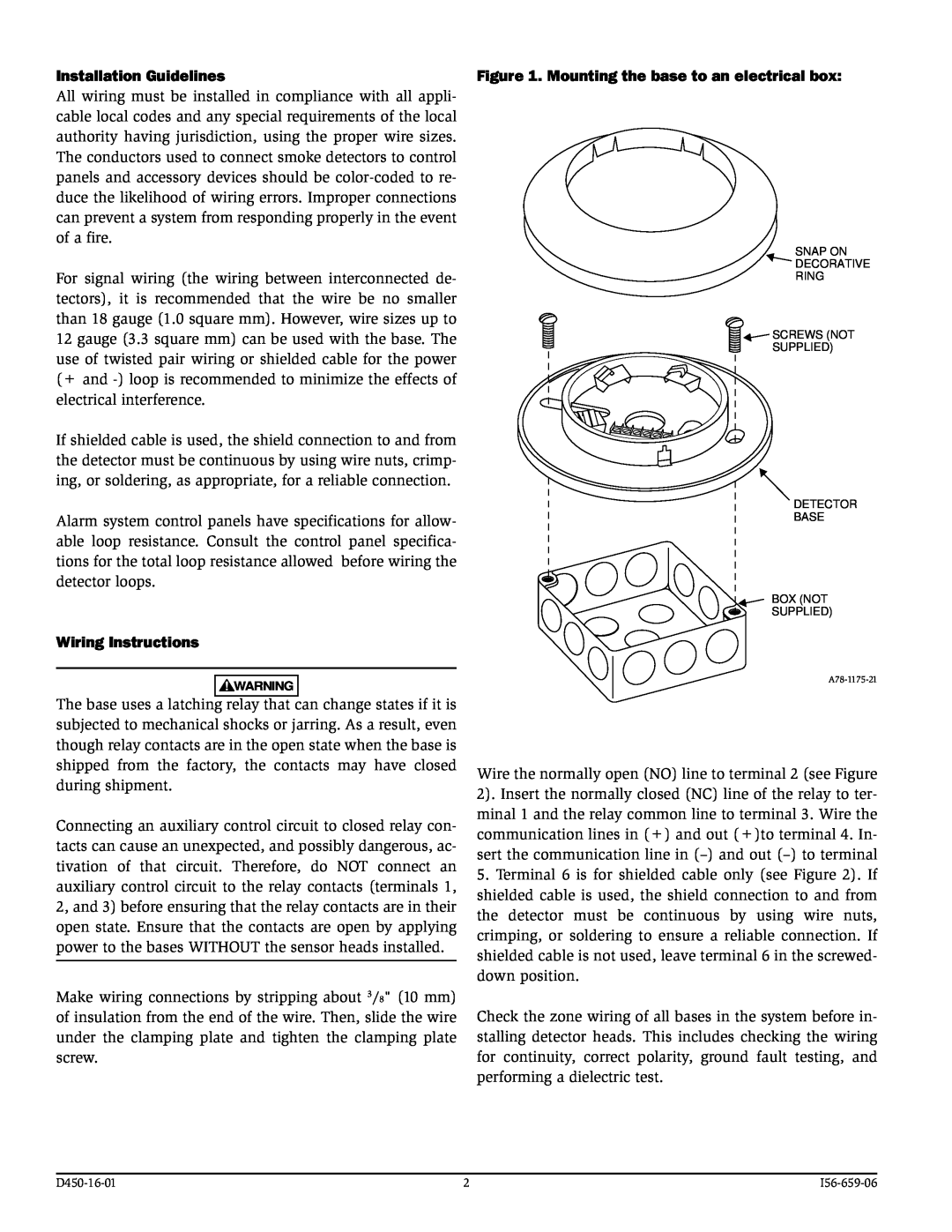 System Sensor B224RB(A) Installation Guidelines, Wiring Instructions, Mounting the base to an electrical box, D450-16-01 